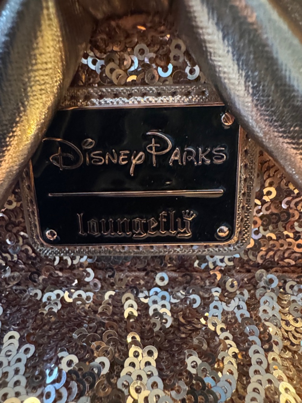 EUC! Loungefly Rose Gold Sequin Mini Backpack with Ears and a Metallic Bow - Picture 3 of 10
